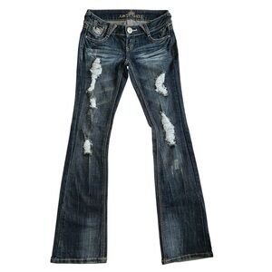 Almost Famous Jeans Dark Blue Distressed Flare Sz 1